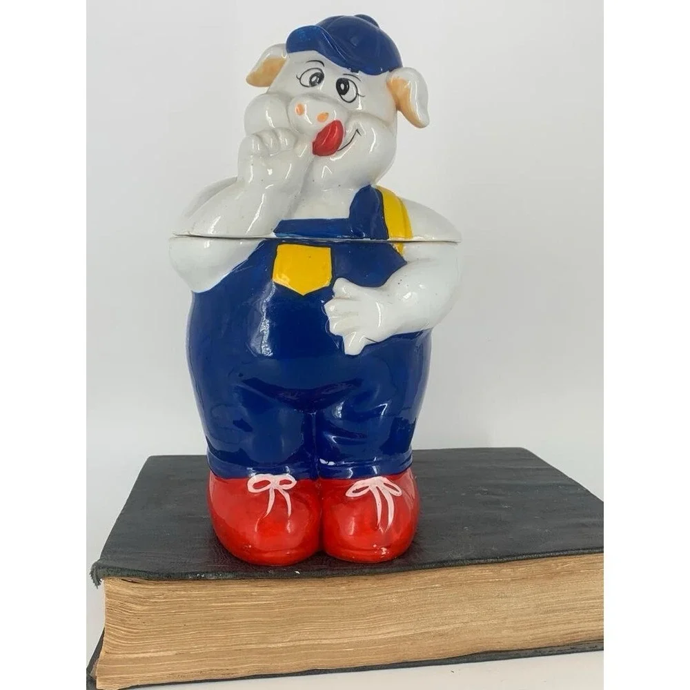 Vintage Cookie Jar-Ceramic Farmer Pig- MCM Farmhouse, Flawless